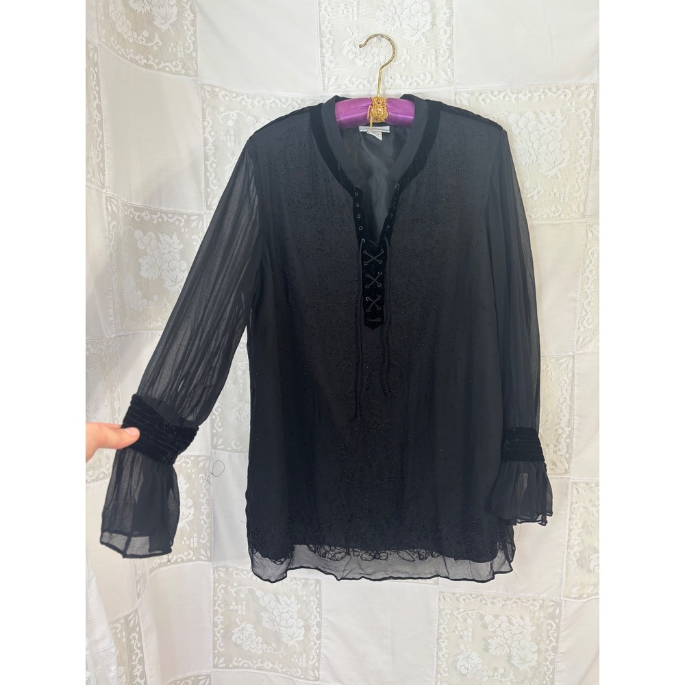 Silk Black Beaded Overlay Velvet Lace Up Front Witchy Whimsigoth Blouse Size 3X‎